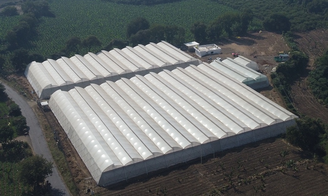 Aerial view of Grovera Farms NVPH polyhouses, Raver, Maharashtra